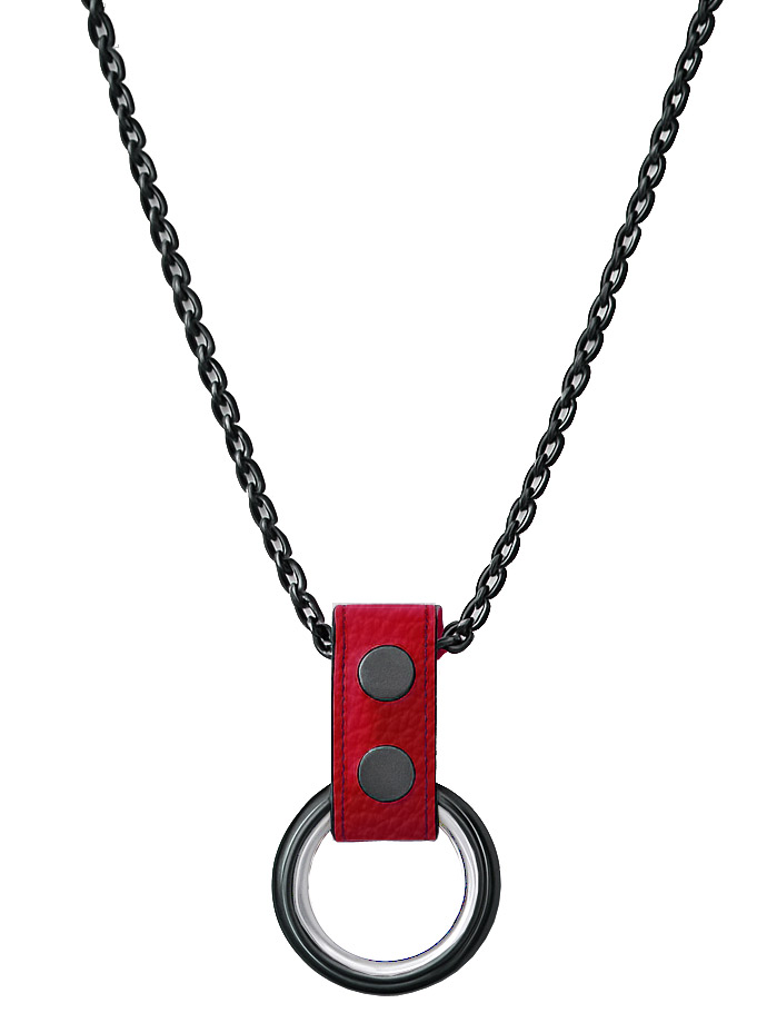Black Metal Necklace with Cockrings - Red Leather
